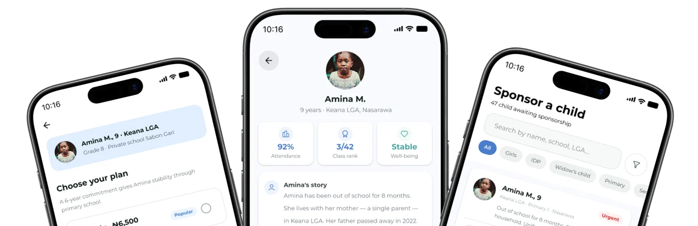 Child Purse app showing child profiles and a sponsorship search screen