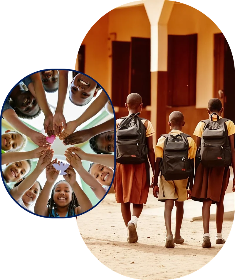 Children in Nigeria smiling together and walking to school with backpacks